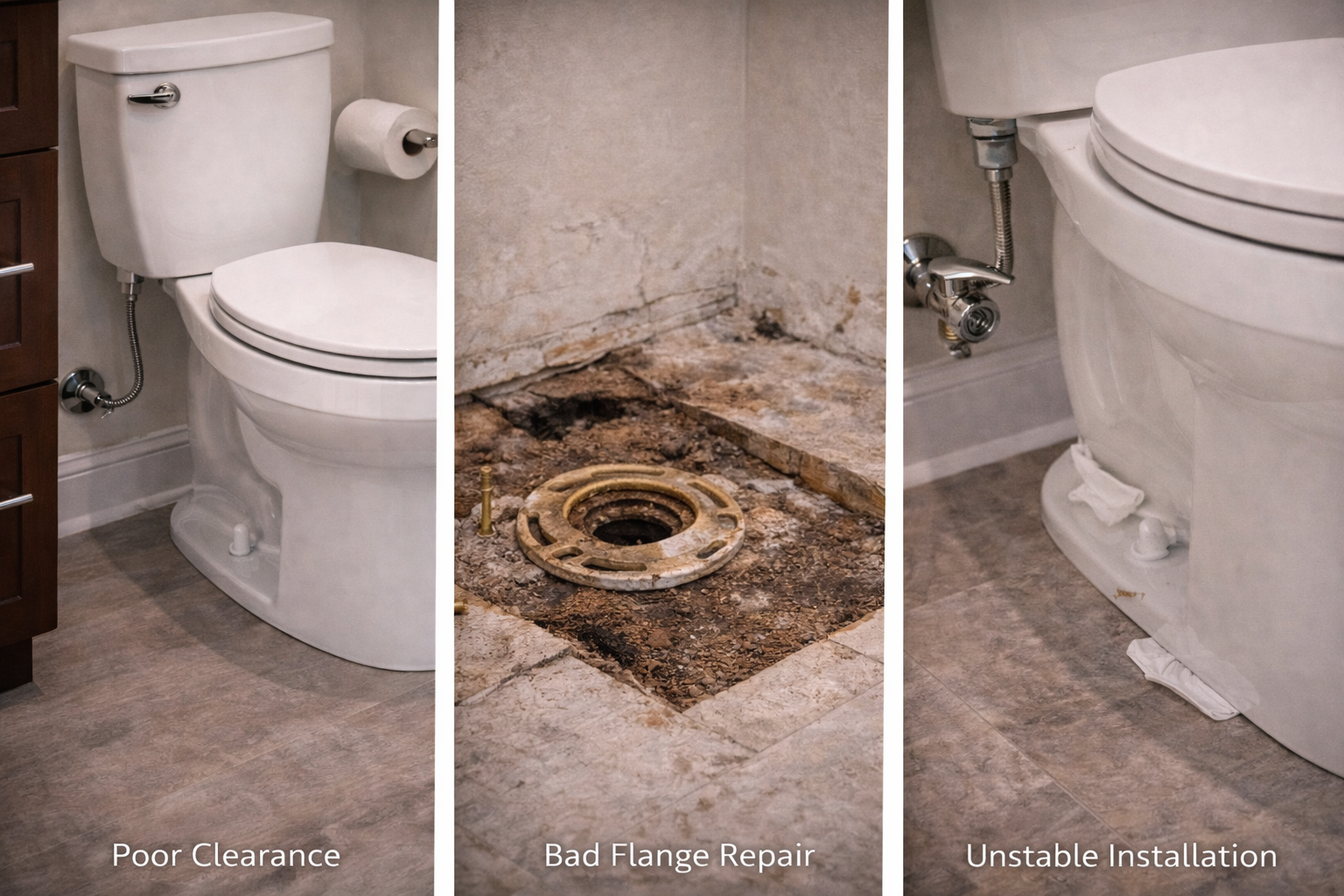 Toilet remodel mistakes placeholder image with poor clearance bad flange repair and unstable installation context